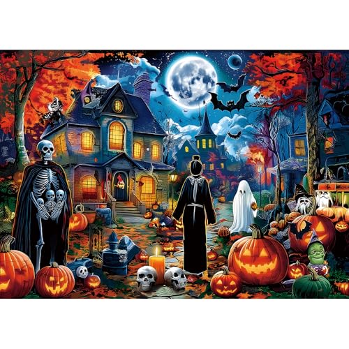 PuzzOne Halloween 1000-Piece Jigsaw Puzzle – Haunted Mansion with Skeletons & Ghosts (27.5" x 19.7")