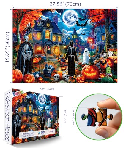PuzzOne Halloween 1000-Piece Jigsaw Puzzle – Haunted Mansion with Skeletons & Ghosts (27.5" x 19.7")