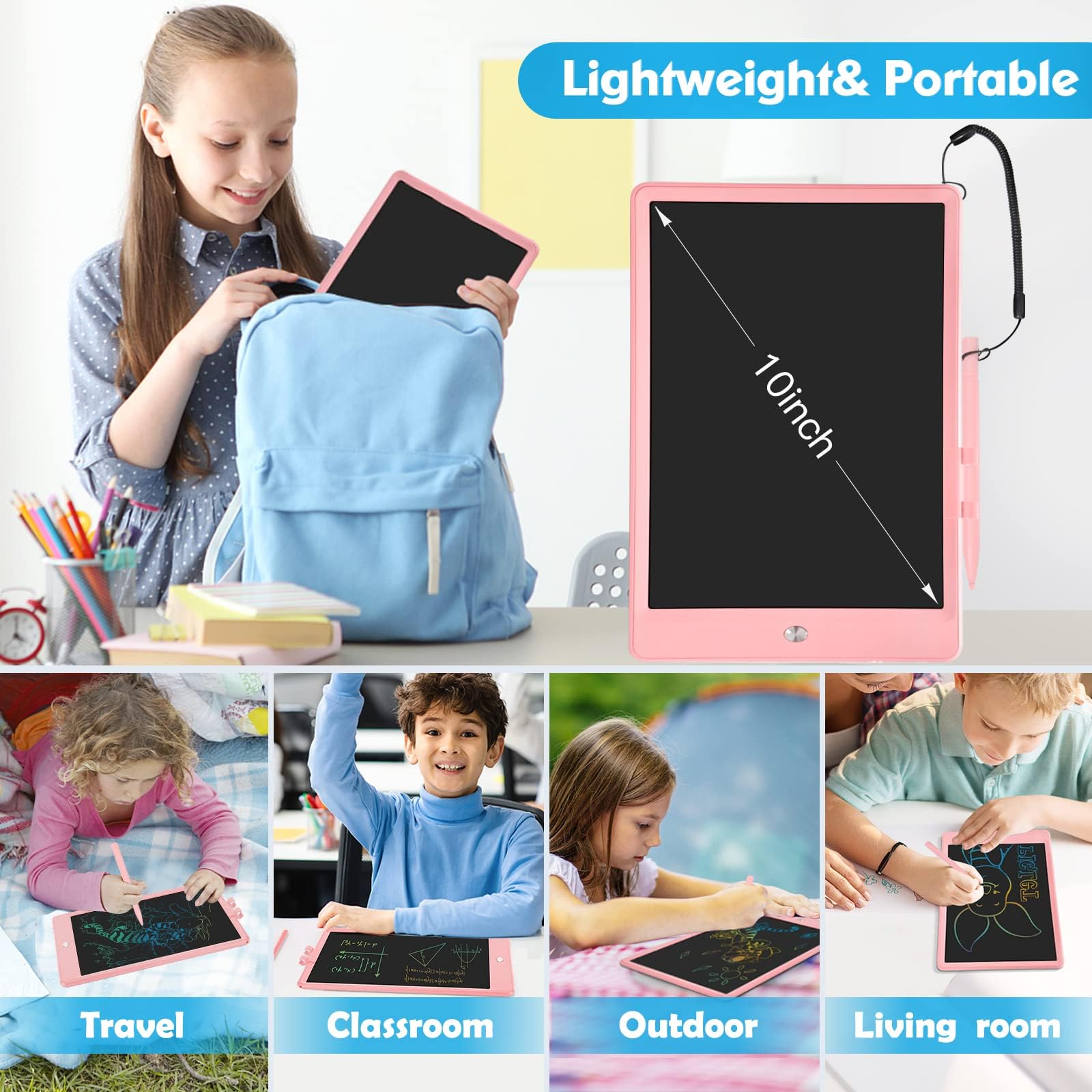 PYTTUR 10 Inch LCD Writing Tablet for Kids - Colorful Toddler Doodle Board, Reusable Drawing Pad Educational Toy (Blue)