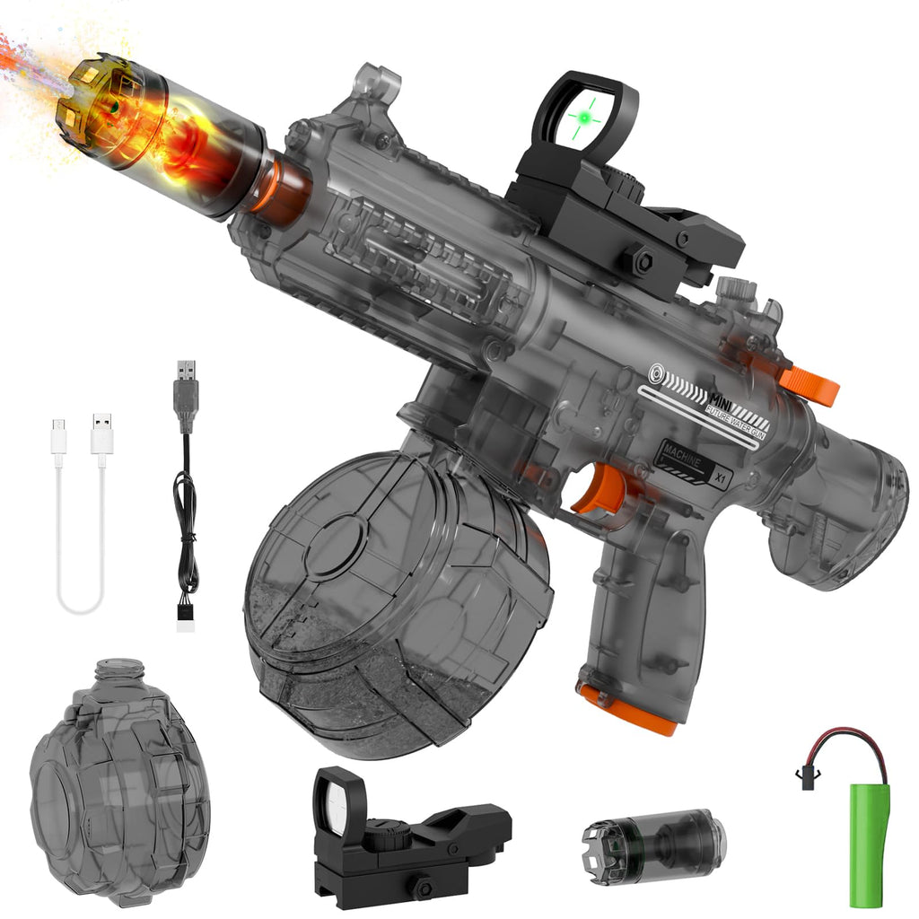 QHECTTY Electric Water Gun: Transparent Automatic Squirt Gun with 28-32ft Range, Rechargeable Battery, and Waterproof Design for Summer Outdoor Play (Black)