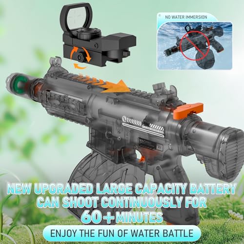 QHECTTY Electric Water Gun: Transparent Automatic Squirt Gun with 28-32ft Range, Rechargeable Battery, and Waterproof Design for Summer Outdoor Play (Black)