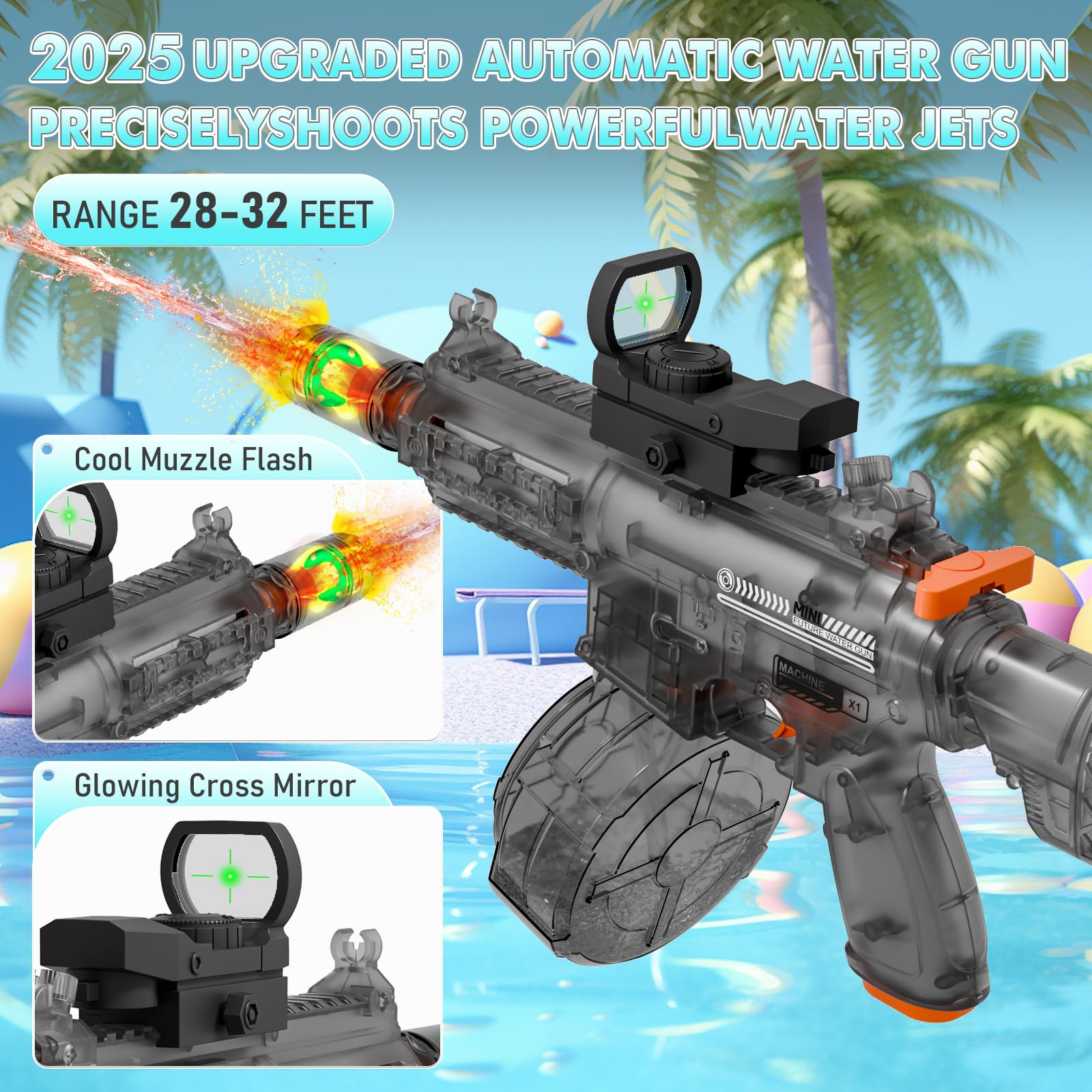QHECTTY Electric Water Gun: Transparent Automatic Squirt Gun with 28-32ft Range, Rechargeable Battery, and Waterproof Design for Summer Outdoor Play (Black)