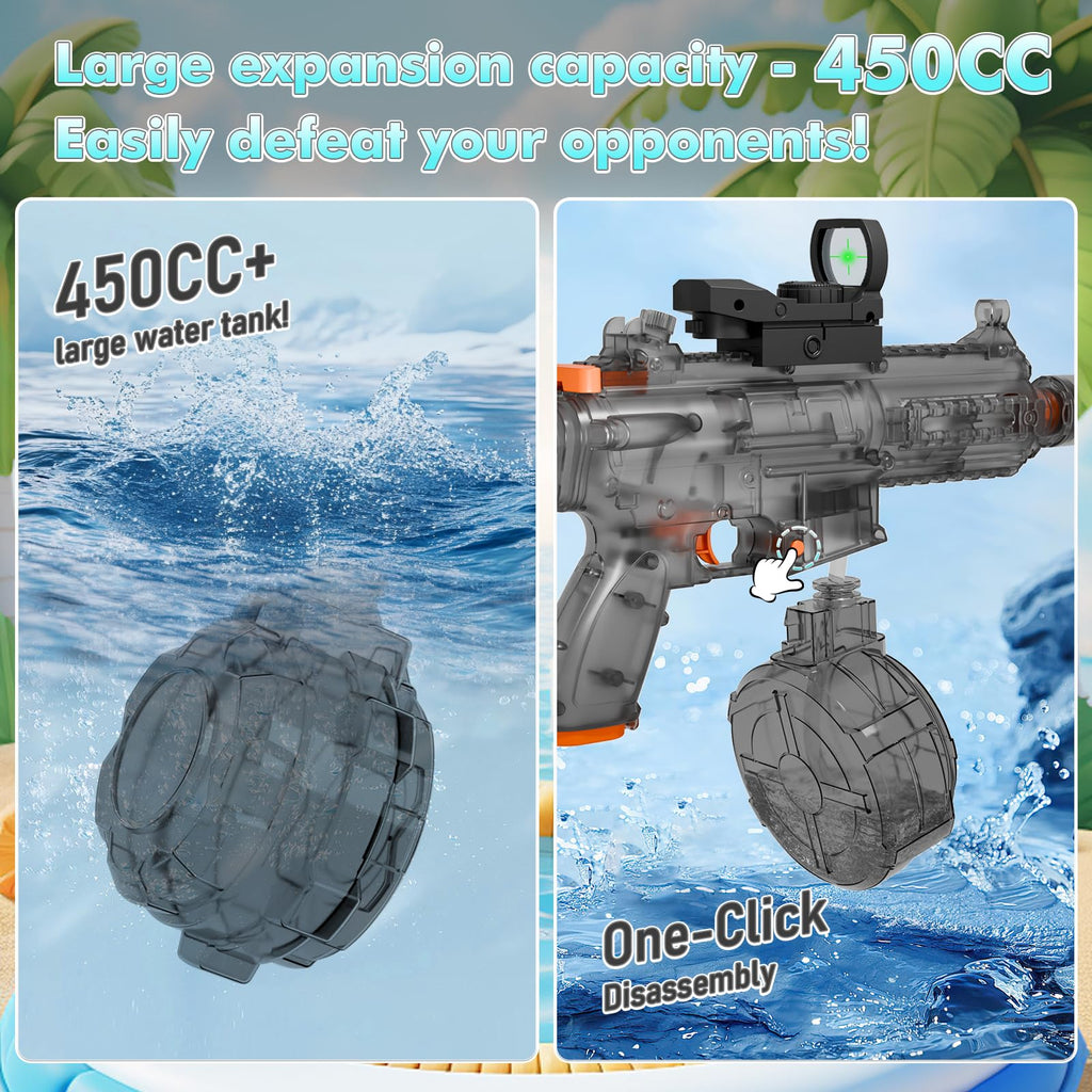 QHECTTY Electric Water Gun: Transparent Automatic Squirt Gun with 28-32ft Range, Rechargeable Battery, and Waterproof Design for Summer Outdoor Play (Black)