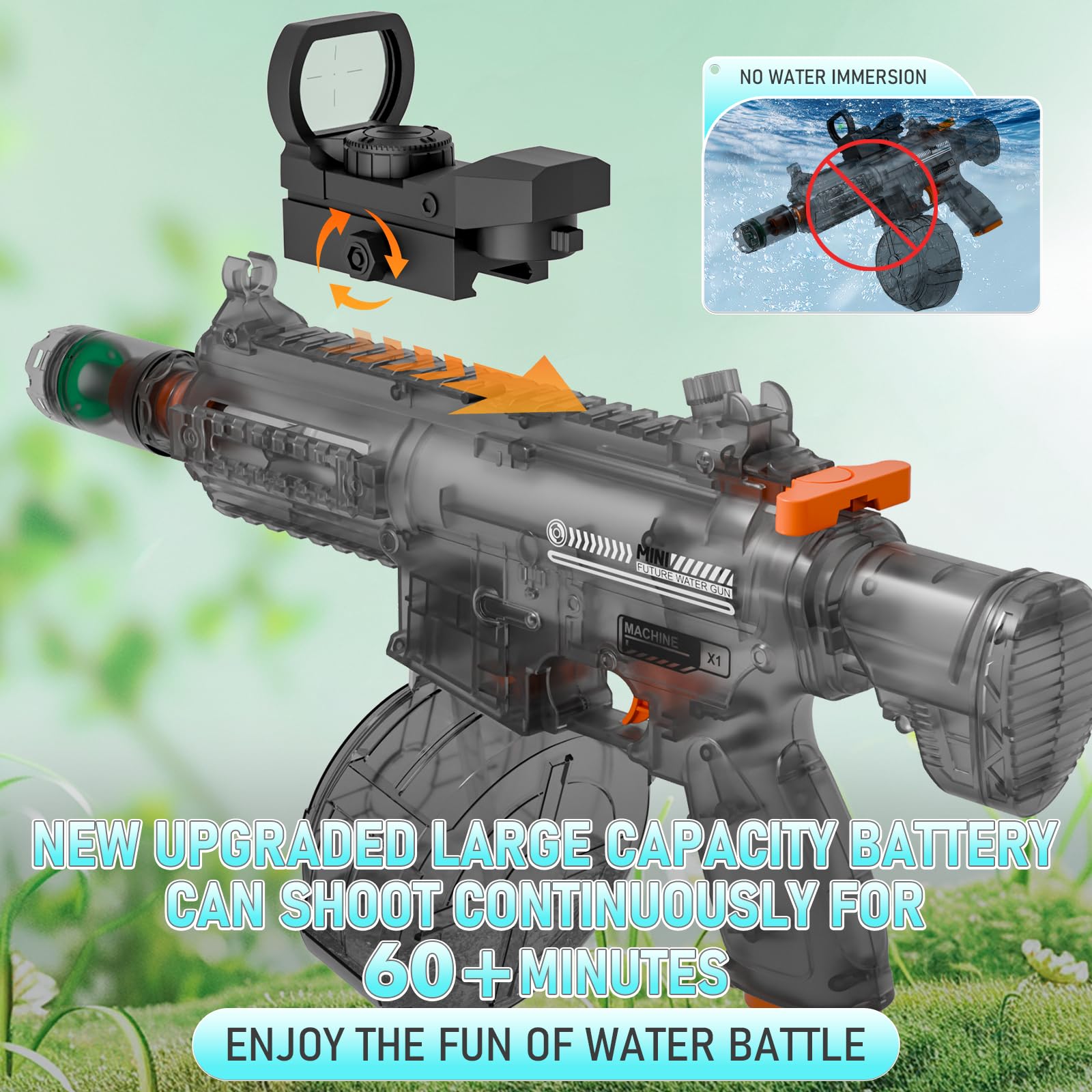 QHECTTY Electric Water Gun: Transparent Automatic Squirt Gun with 28-32ft Range, Rechargeable Battery, and Waterproof Design for Summer Outdoor Play (Black)