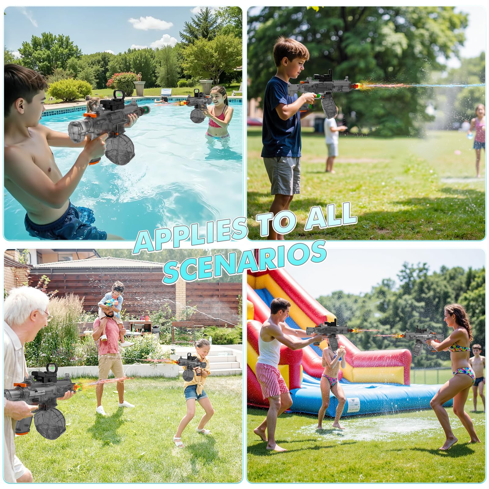 QHECTTY Electric Water Gun: Transparent Automatic Squirt Gun with 28-32ft Range, Rechargeable Battery, and Waterproof Design for Summer Outdoor Play (Black)