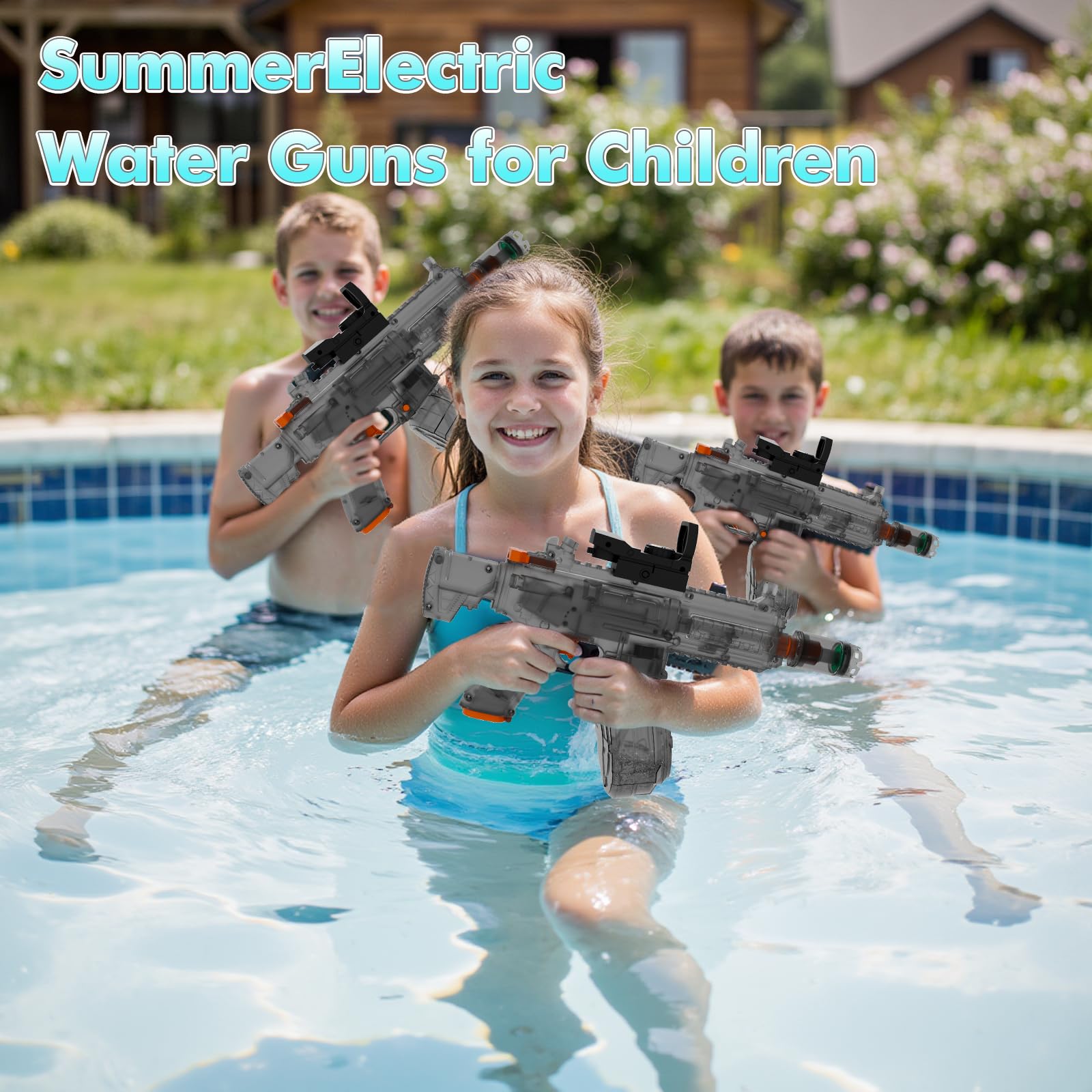 QHECTTY Electric Water Gun: Transparent Automatic Squirt Gun with 28-32ft Range, Rechargeable Battery, and Waterproof Design for Summer Outdoor Play (Black)