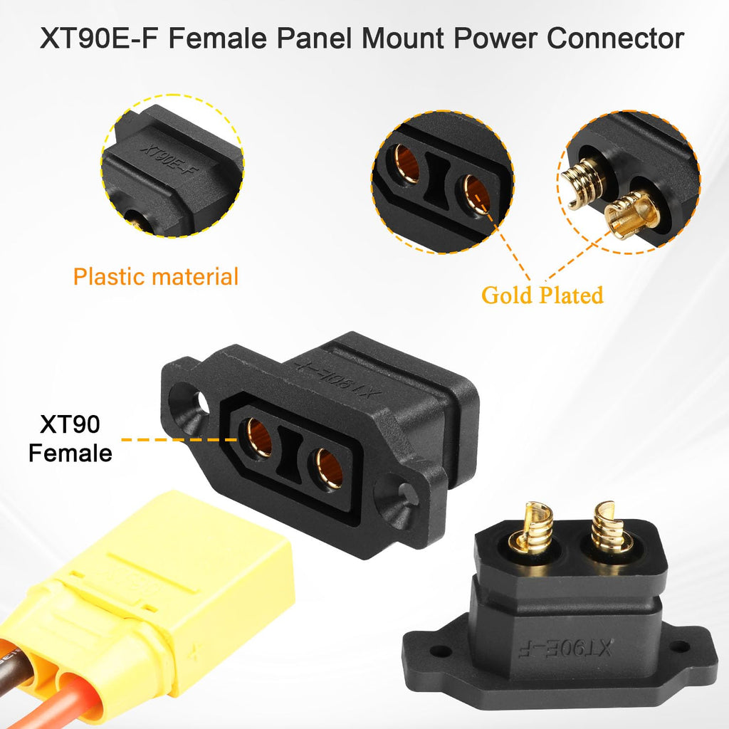 QIANRENON Fixable XT90 Female Soldering Adapter – XT90E-F Panel Mount, 30A, Gold Plated, IP40 Dust Cover, 2 Pack