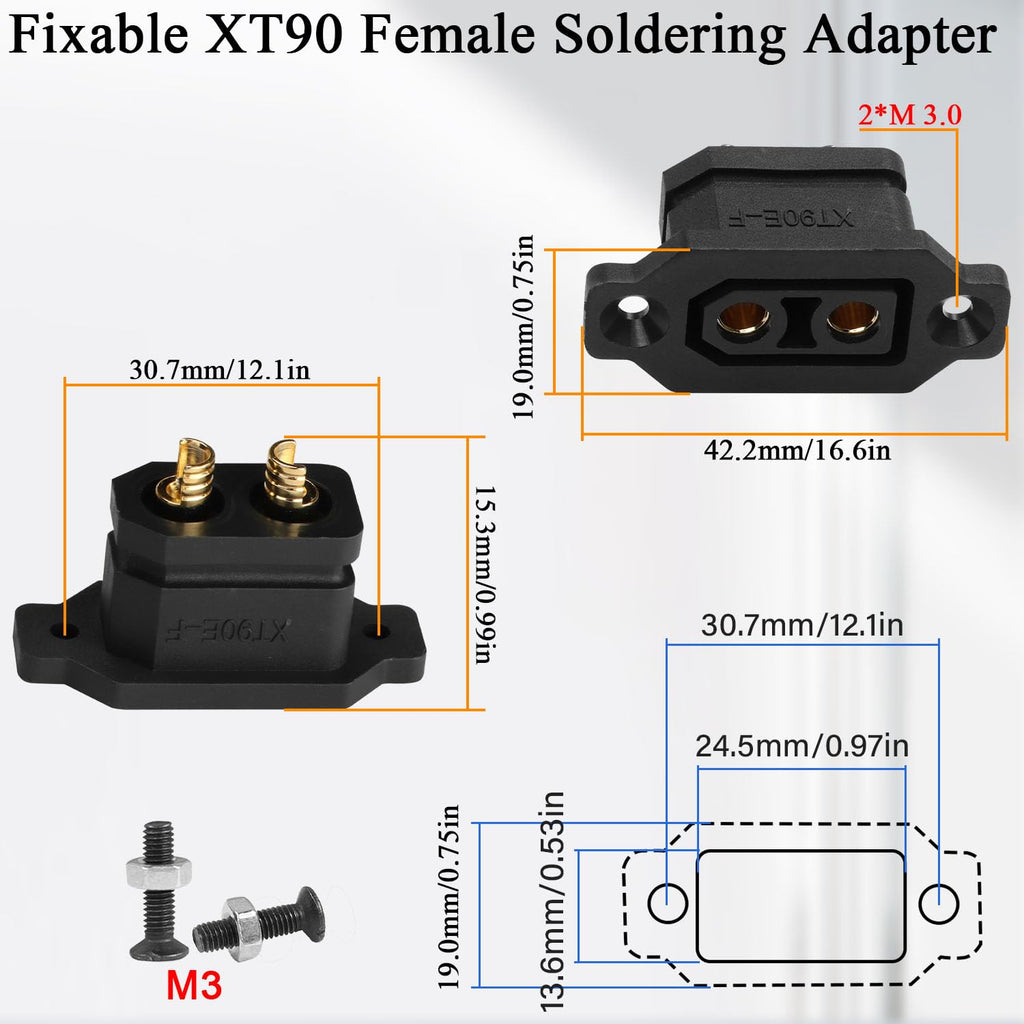 QIANRENON Fixable XT90 Female Soldering Adapter – XT90E-F Panel Mount, 30A, Gold Plated, IP40 Dust Cover, 2 Pack