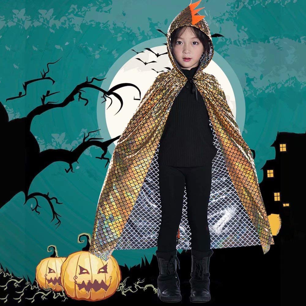 QIAONIUNIU Dinosaur Cape Dragon Hooded Cloak Costume for Kids 3-8 Years, Unisex Halloween Dress Up