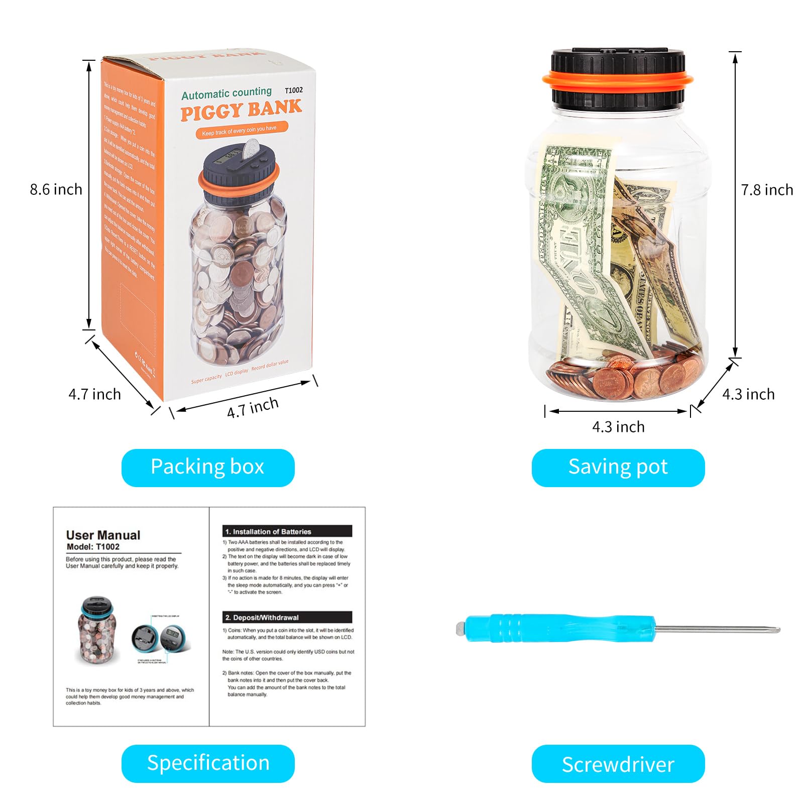 Qiekaka Coin Bank with LCD Counter for US Coins – Black Orange Piggy Bank for Kids and Adults
