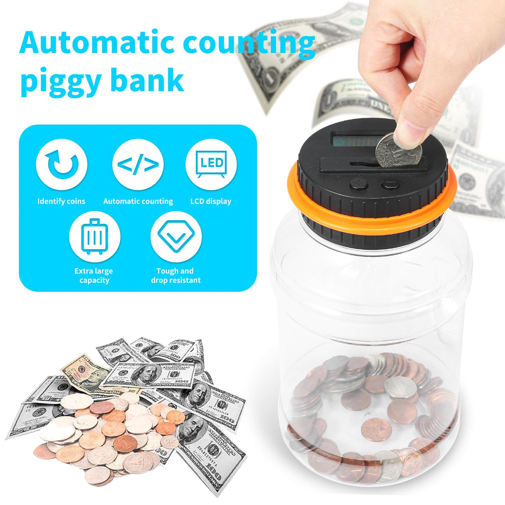 Qiekaka Coin Bank with LCD Counter for US Coins – Black Orange Piggy Bank for Kids and Adults