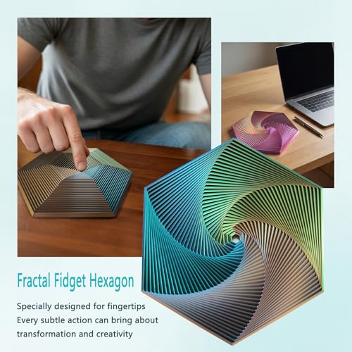 QIGGJJ Fractal Fidget Hexagon Toy – 35-Layer 3D Printed Kinetic Spinner for Stress Relief (Yellow-Blue-Green)