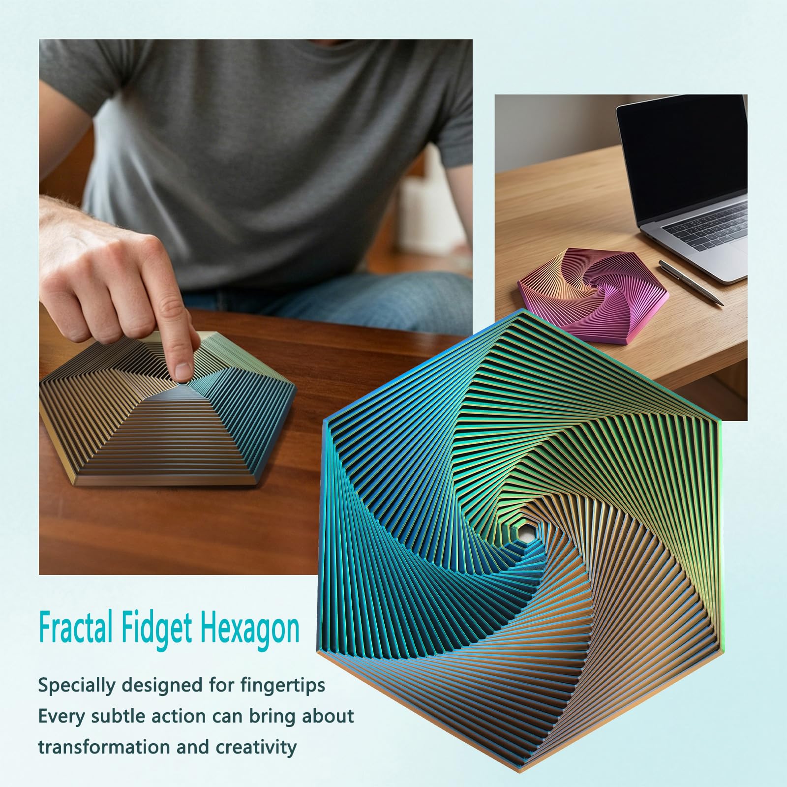 QIGGJJ Fractal Fidget Hexagon Toy – 35-Layer 3D Printed Kinetic Spinner for Stress Relief (Yellow-Blue-Green)