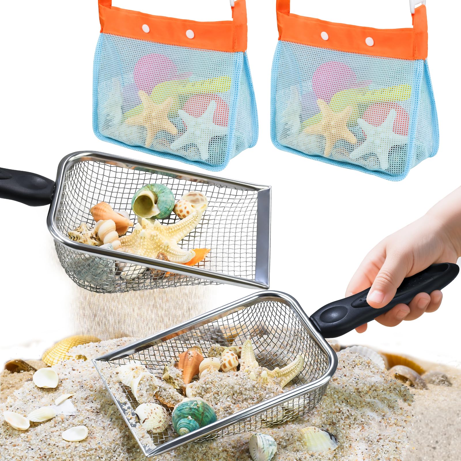 QINGLER 2-Piece Beach Mesh Sand Sifter Set with 2 Mesh Bags – Shell Collecting Tool for Kids