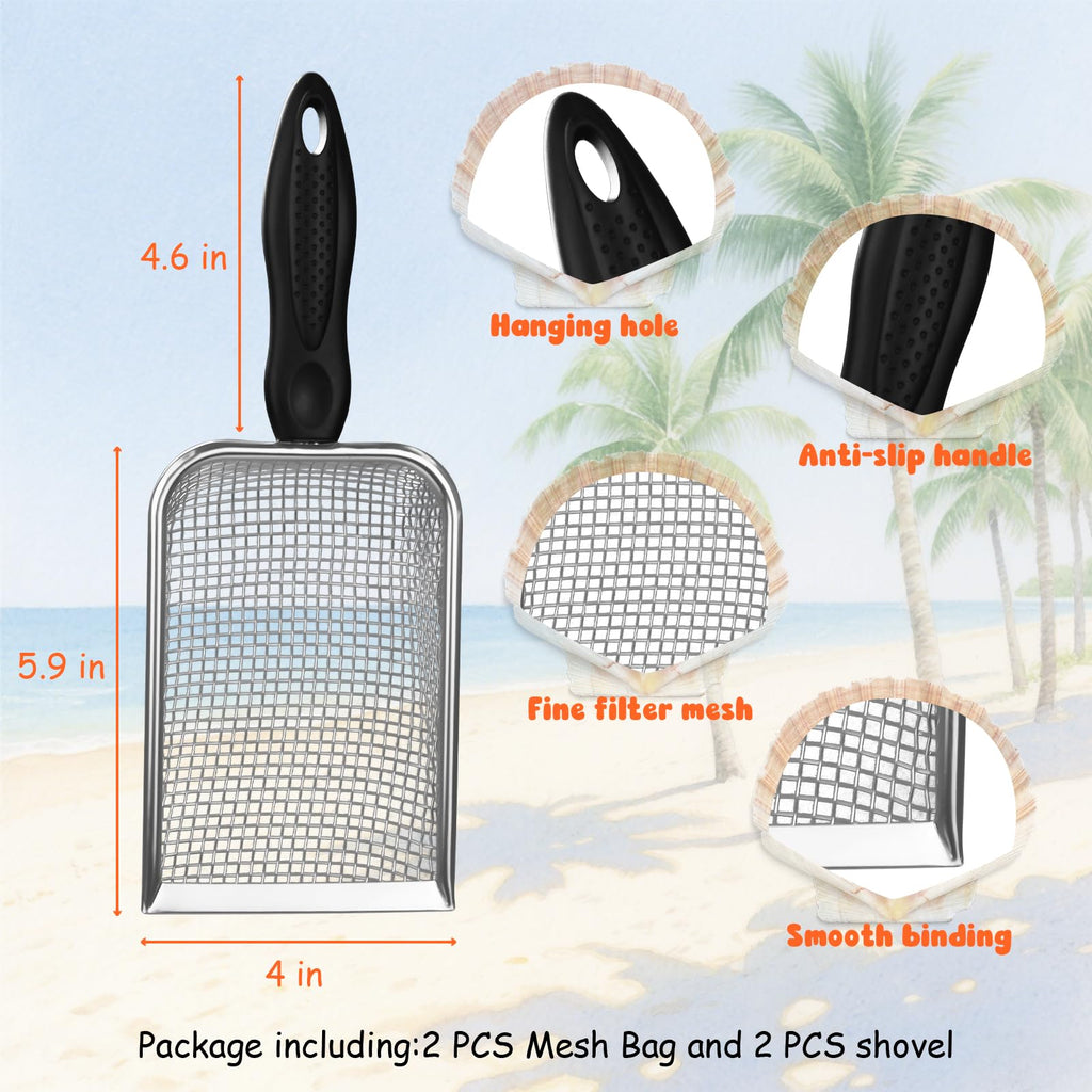 QINGLER 2-Piece Beach Mesh Sand Sifter Set with 2 Mesh Bags – Shell Collecting Tool for Kids