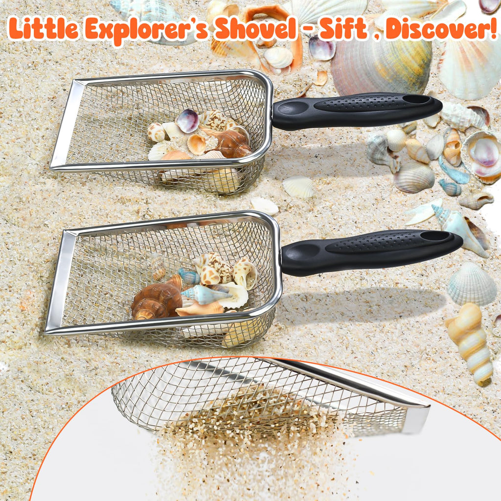 QINGLER 2-Piece Beach Mesh Sand Sifter Set with 2 Mesh Bags – Shell Collecting Tool for Kids