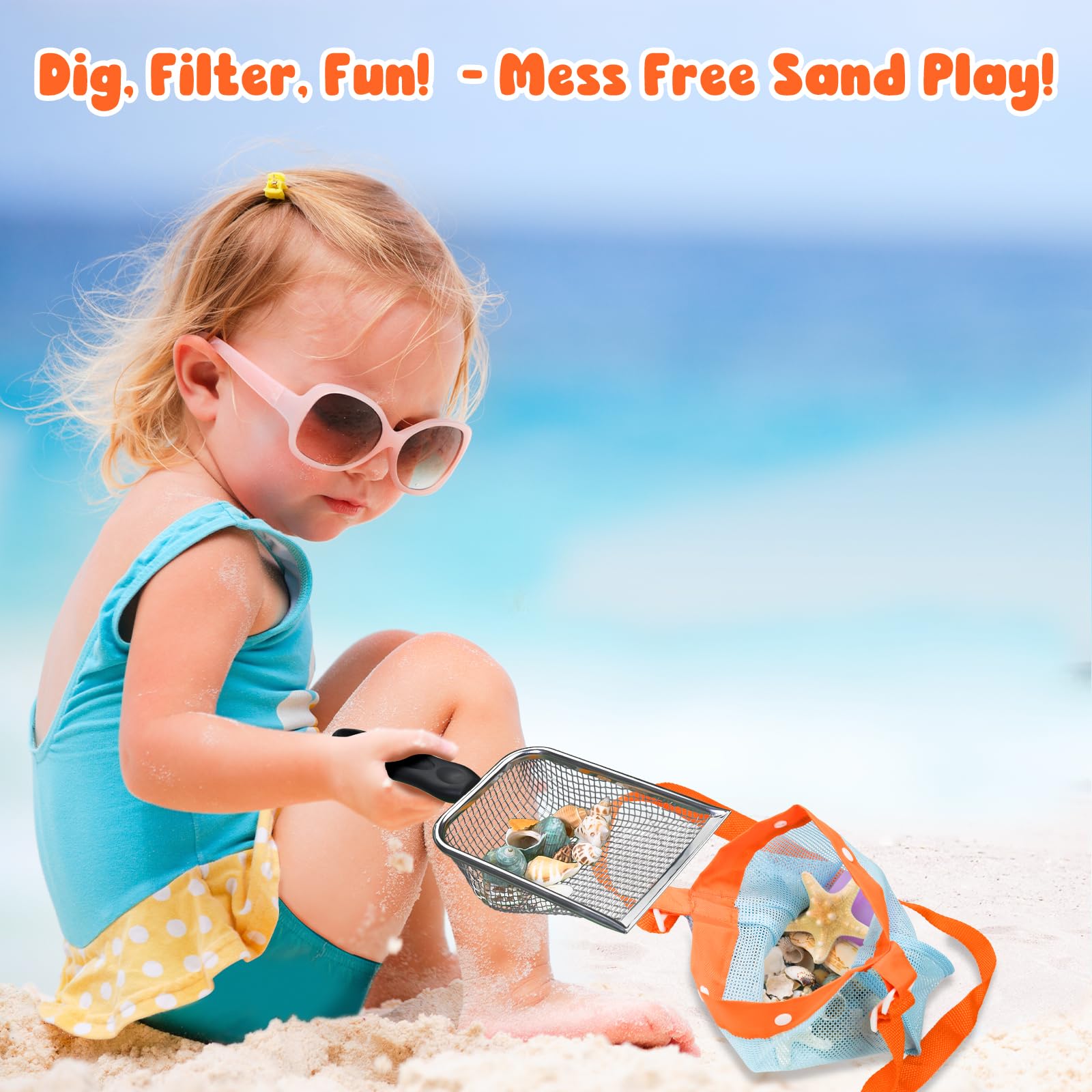 QINGLER 2-Piece Beach Mesh Sand Sifter Set with 2 Mesh Bags – Shell Collecting Tool for Kids