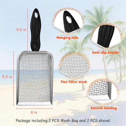 QINGLER 2-Piece Beach Mesh Sand Sifter Set with 2 Mesh Bags – Shell Collecting Tool for Kids