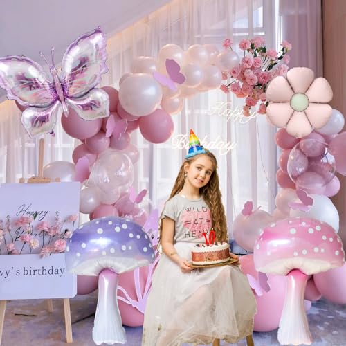 QIPECO Fairy Balloons 10-Pack: Pink Purple Mushroom & Butterfly Balloons for Birthday Party Decor