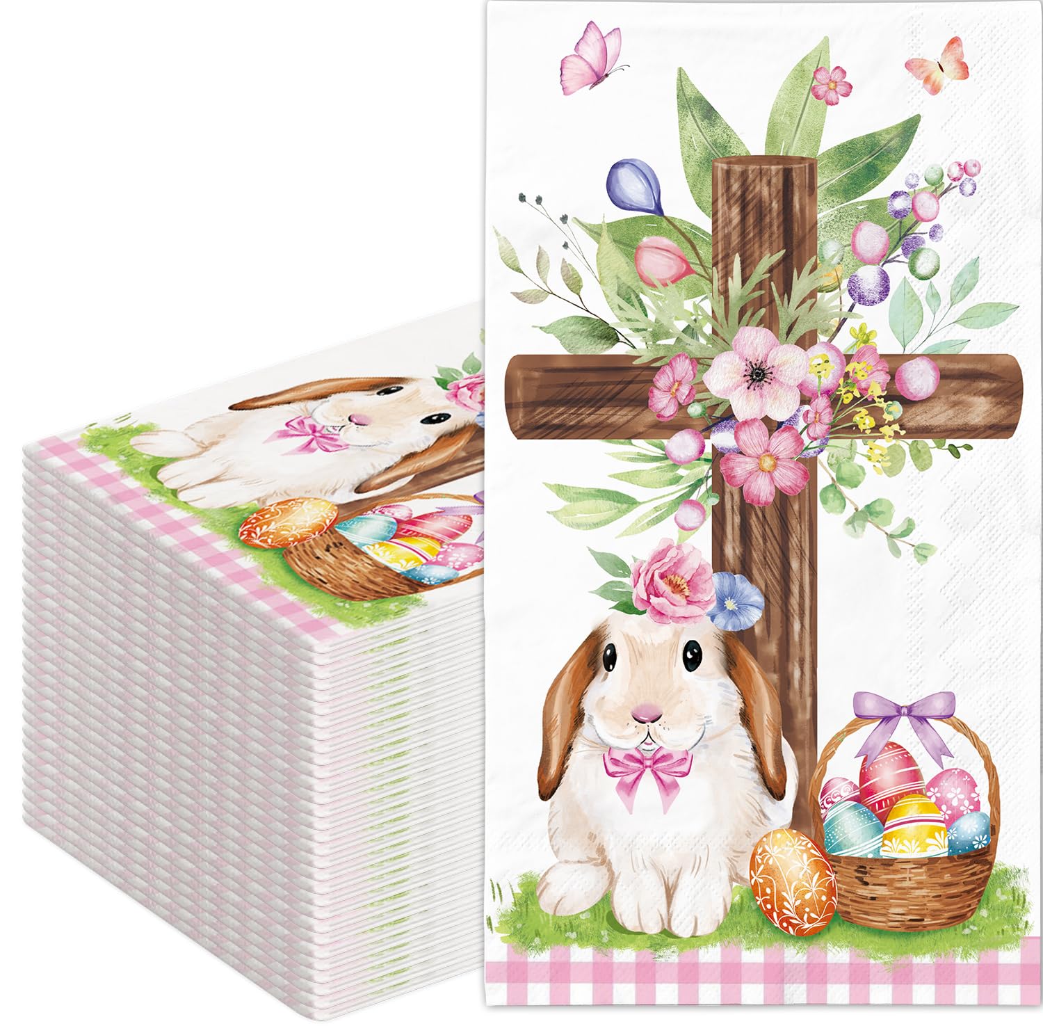 QIYANPAX 100 Easter Paper Napkins – Watercolor Bunny & Floral Design – Disposable Decorative Guest Napkins