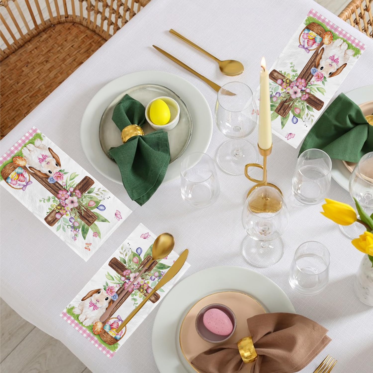 QIYANPAX 100 Easter Paper Napkins – Watercolor Bunny & Floral Design – Disposable Decorative Guest Napkins