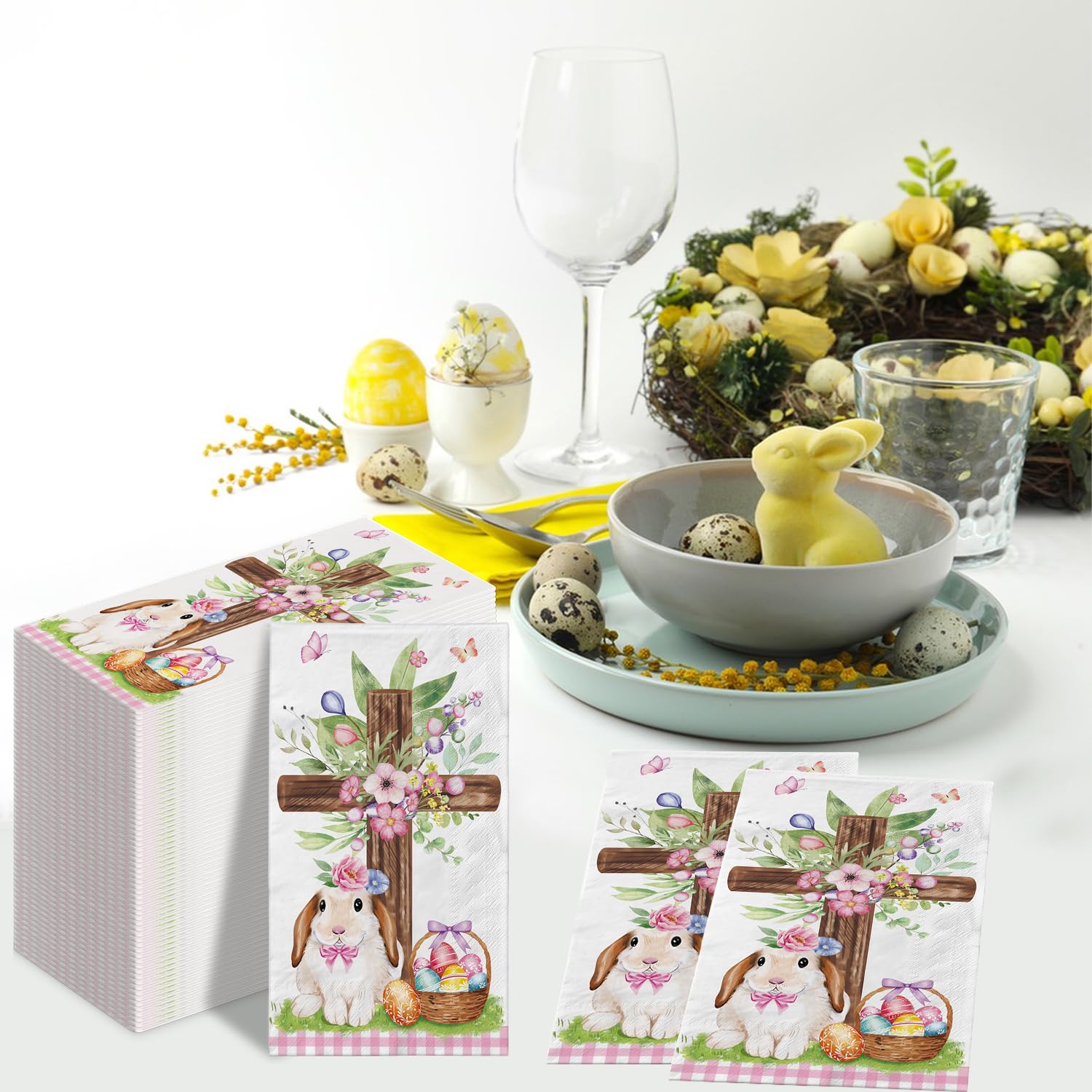 QIYANPAX 100 Easter Paper Napkins – Watercolor Bunny & Floral Design – Disposable Decorative Guest Napkins