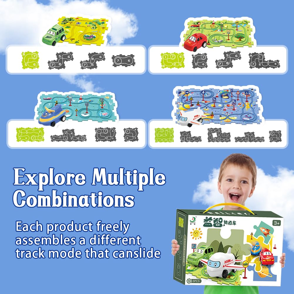 QKSKYP DIY Assembling Electric Trolley – Toddler Puzzle Track Play Set with Vehicles, Ages 3+