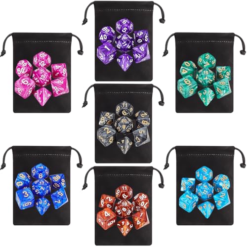 QMay 49-Piece Polyhedral Dice Set – 7 Complete D&D Dice Sets with Drawstring Bags