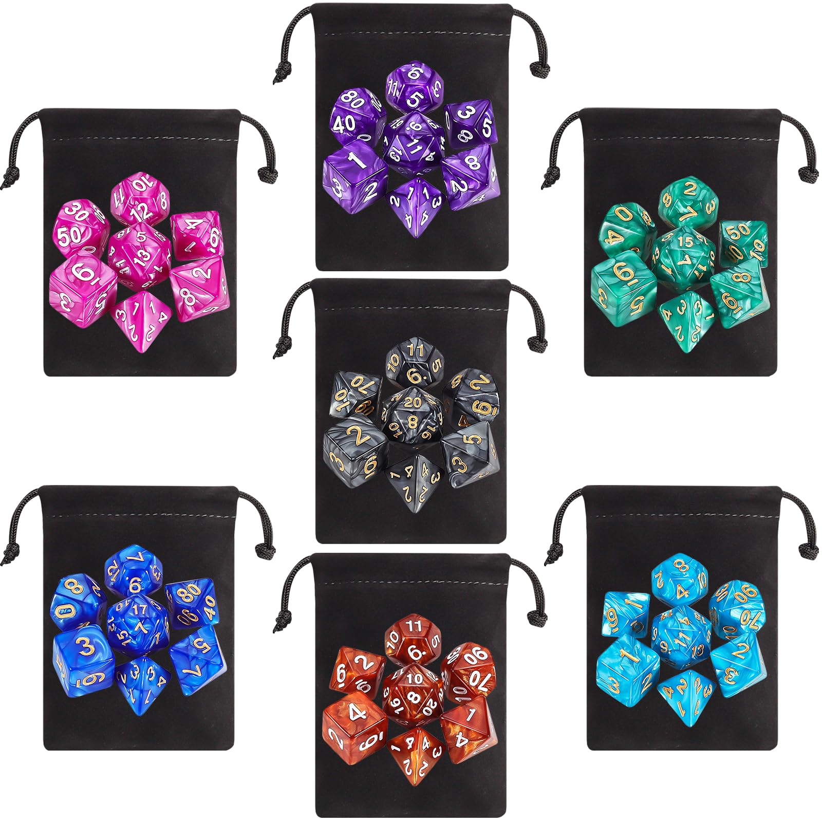 QMay 49-Piece Polyhedral Dice Set – 7 Complete D&D Dice Sets with Drawstring Bags