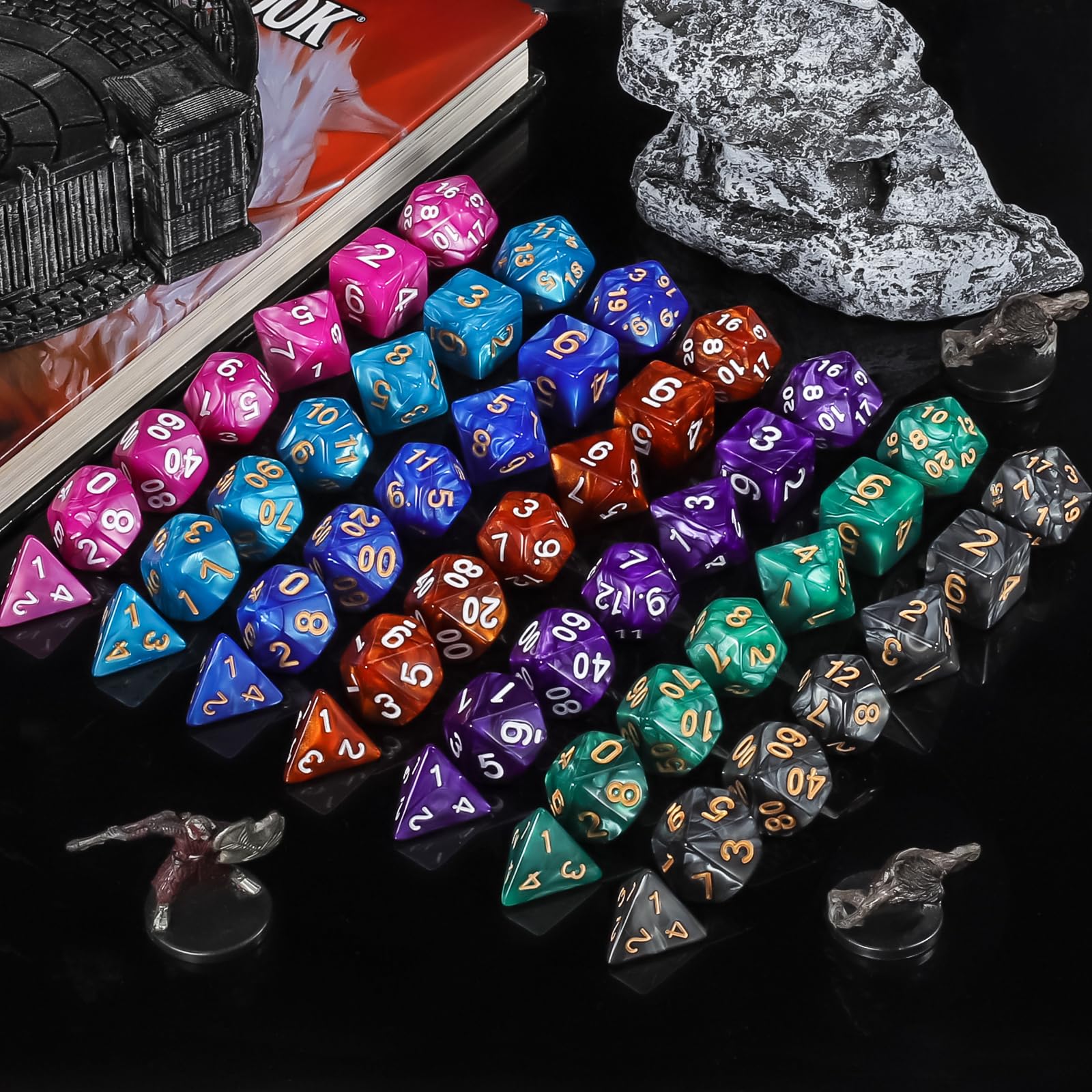 QMay 49-Piece Polyhedral Dice Set – 7 Complete D&D Dice Sets with Drawstring Bags