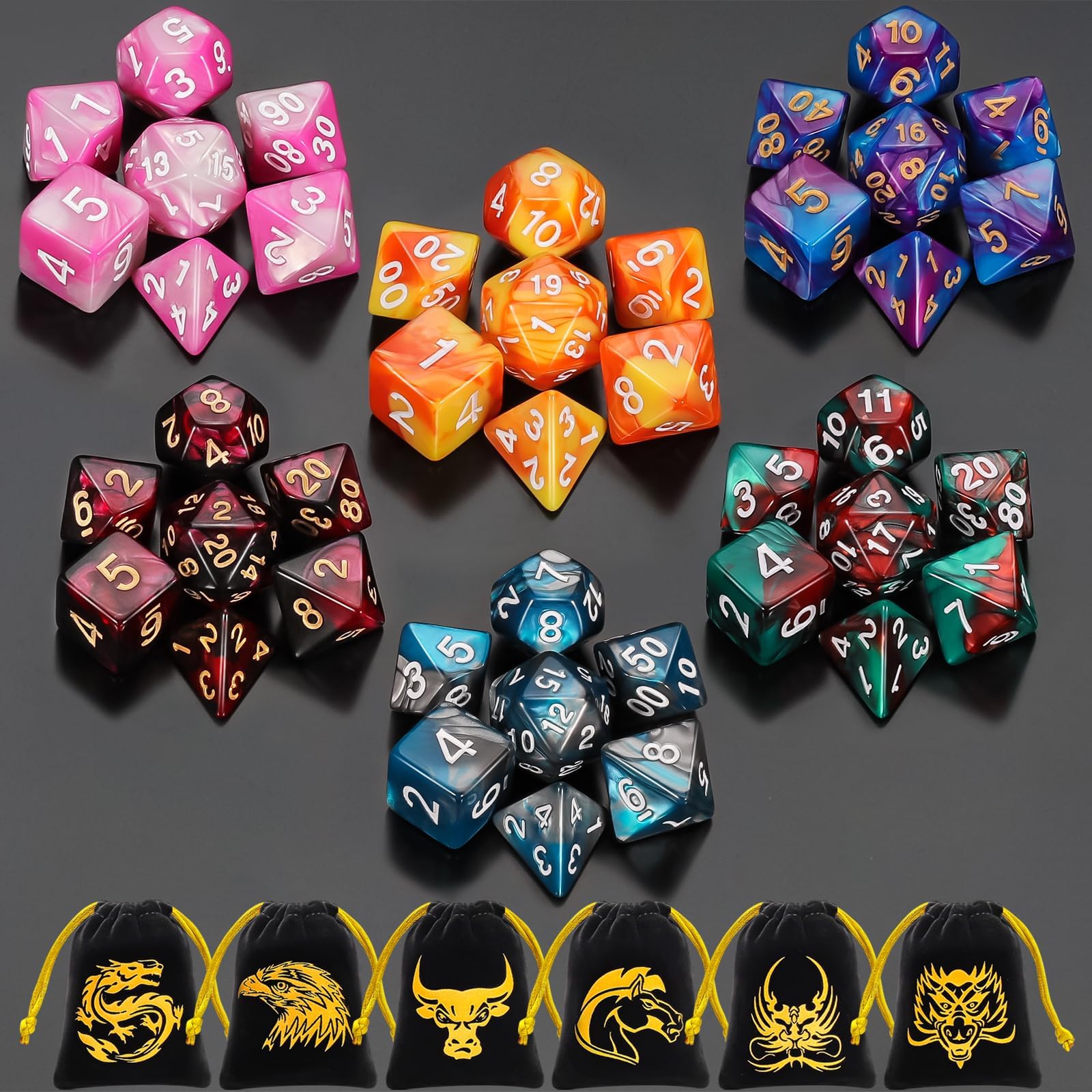 QMay DND Dice Sets (42 Pieces) – 6 Polyhedral Dice Sets with Drawstring Bags for RPG, MTG, D&D