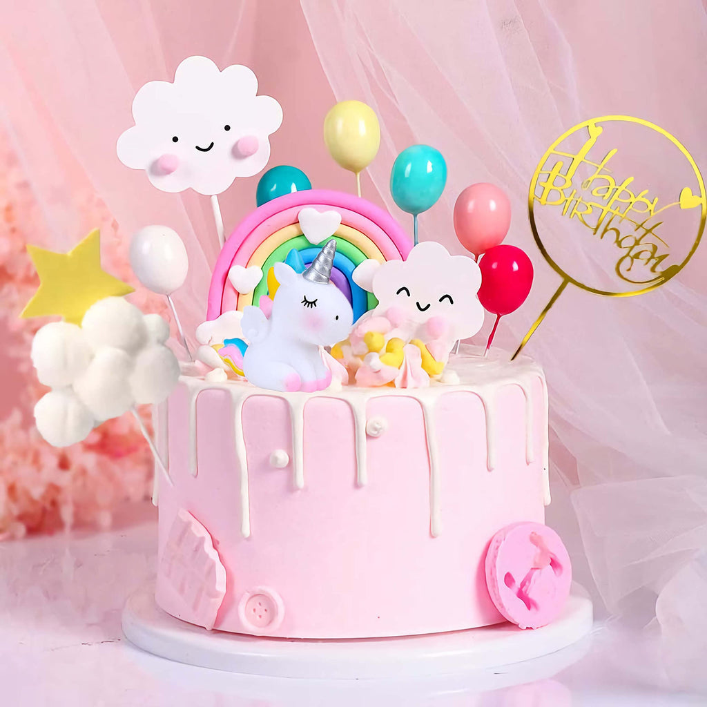 Qoadwem Unicorn Cake Topper Set – 15-Piece Rainbow & Cloud Decorations for 6-10 Inch Cakes