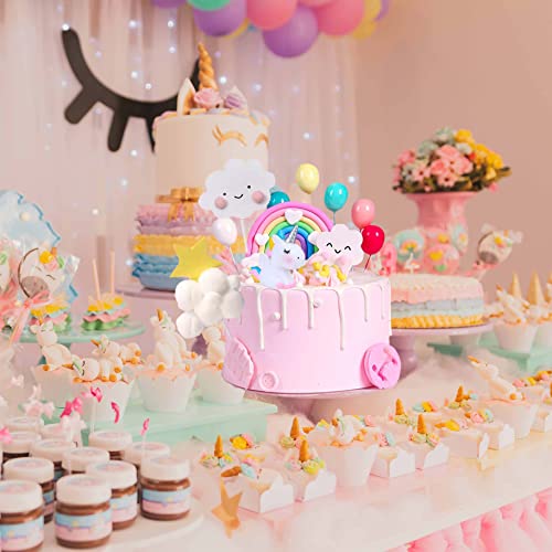 Qoadwem Unicorn Cake Topper Set – 15-Piece Rainbow & Cloud Decorations for 6-10 Inch Cakes