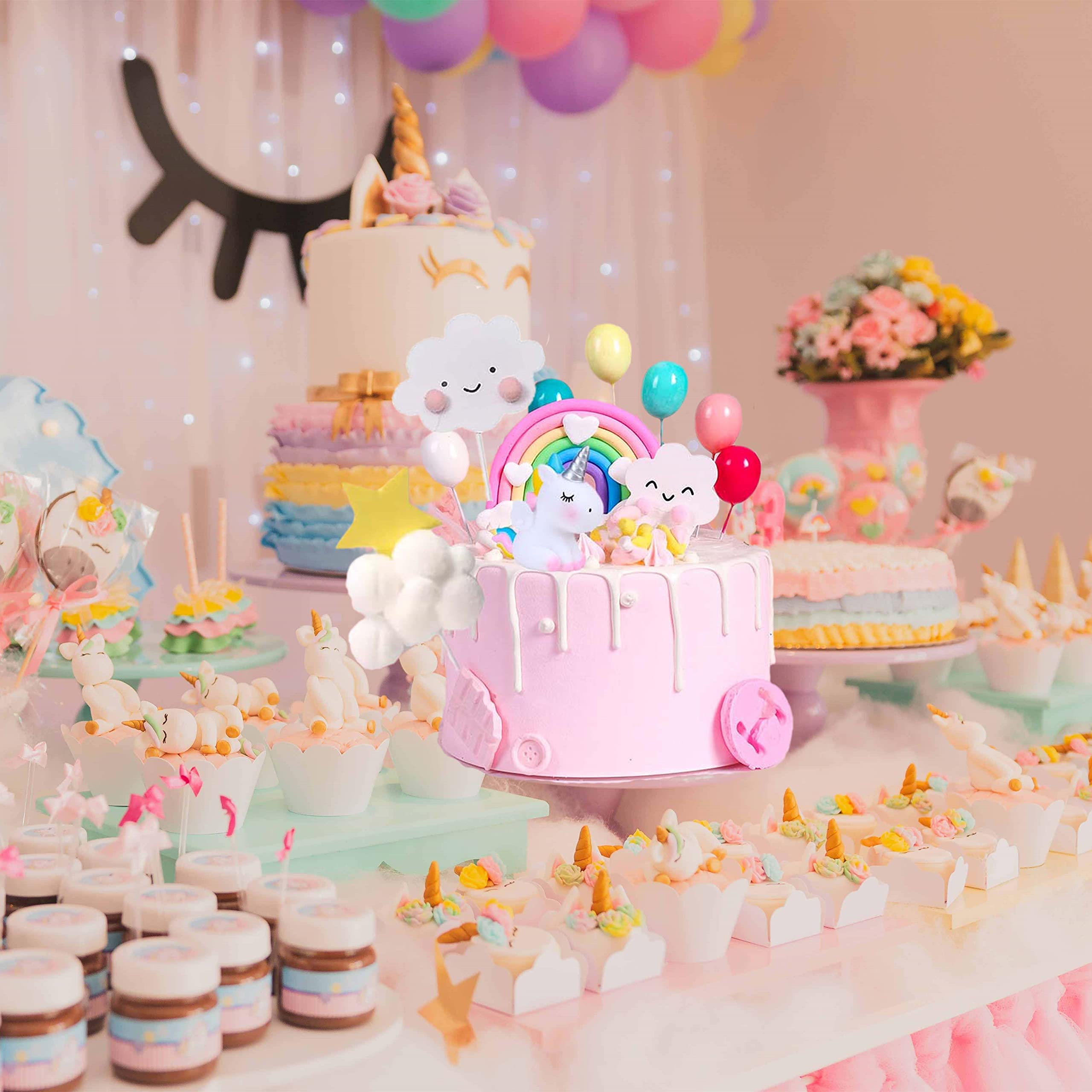 Qoadwem Unicorn Cake Topper Set – 15-Piece Rainbow & Cloud Decorations for 6-10 Inch Cakes