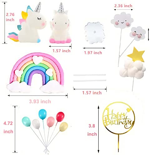 Qoadwem Unicorn Cake Topper Set – 15-Piece Rainbow & Cloud Decorations for 6-10 Inch Cakes