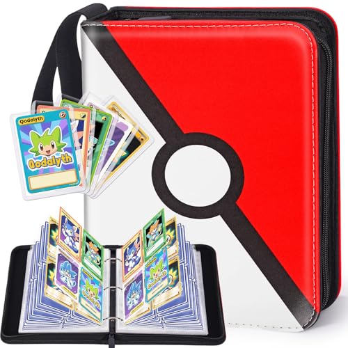 Qodalyth 4-Pocket Card Binder – PU Leather Zipper Album Holds 400 Cards, Includes 5 Hard Sleeves for TCG, MTG, Sports Cards