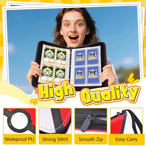 Qodalyth 4-Pocket Card Binder – PU Leather Zipper Album Holds 400 Cards, Includes 5 Hard Sleeves for TCG, MTG, Sports Cards