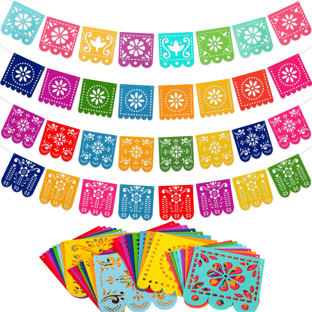 Qpout 4-Pack Felt Papel Picado Banners – Mexican Fiesta Decorations for Cinco de Mayo & Day of the Dead
