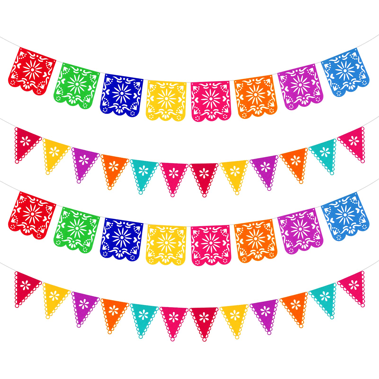 Qpout 4-Piece Colorful Mexican Papel Picado Banners - Felt, 5.1x5.1 inch, for Cinco de Mayo, Day of the Dead, Fiesta Party Decorations