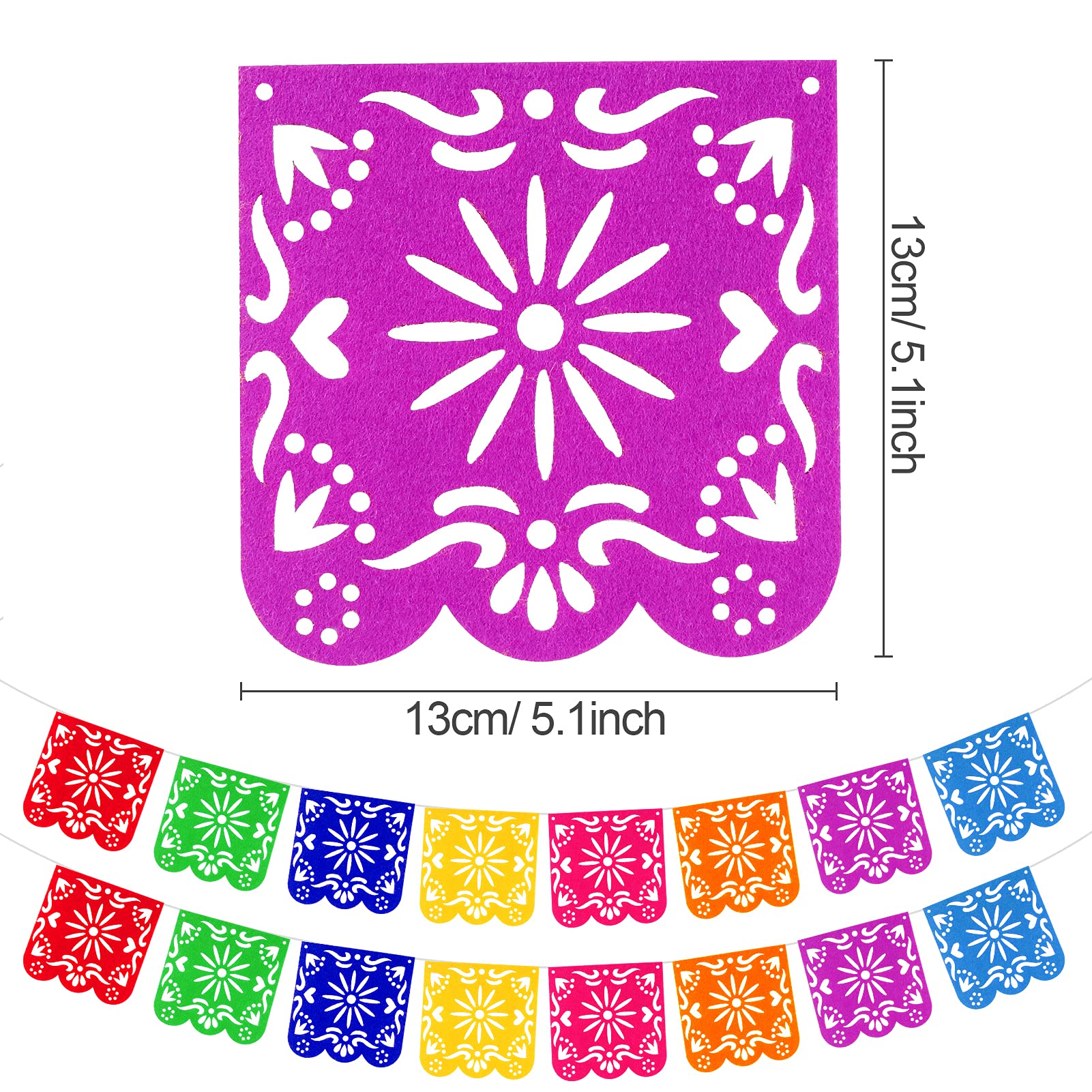 Qpout 4-Piece Colorful Mexican Papel Picado Banners - Felt, 5.1x5.1 inch, for Cinco de Mayo, Day of the Dead, Fiesta Party Decorations