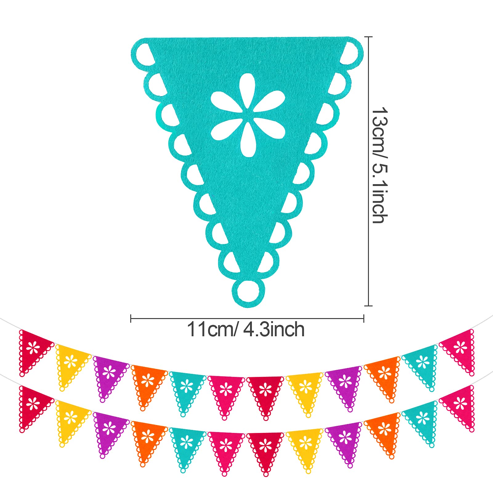 Qpout 4-Piece Colorful Mexican Papel Picado Banners - Felt, 5.1x5.1 inch, for Cinco de Mayo, Day of the Dead, Fiesta Party Decorations