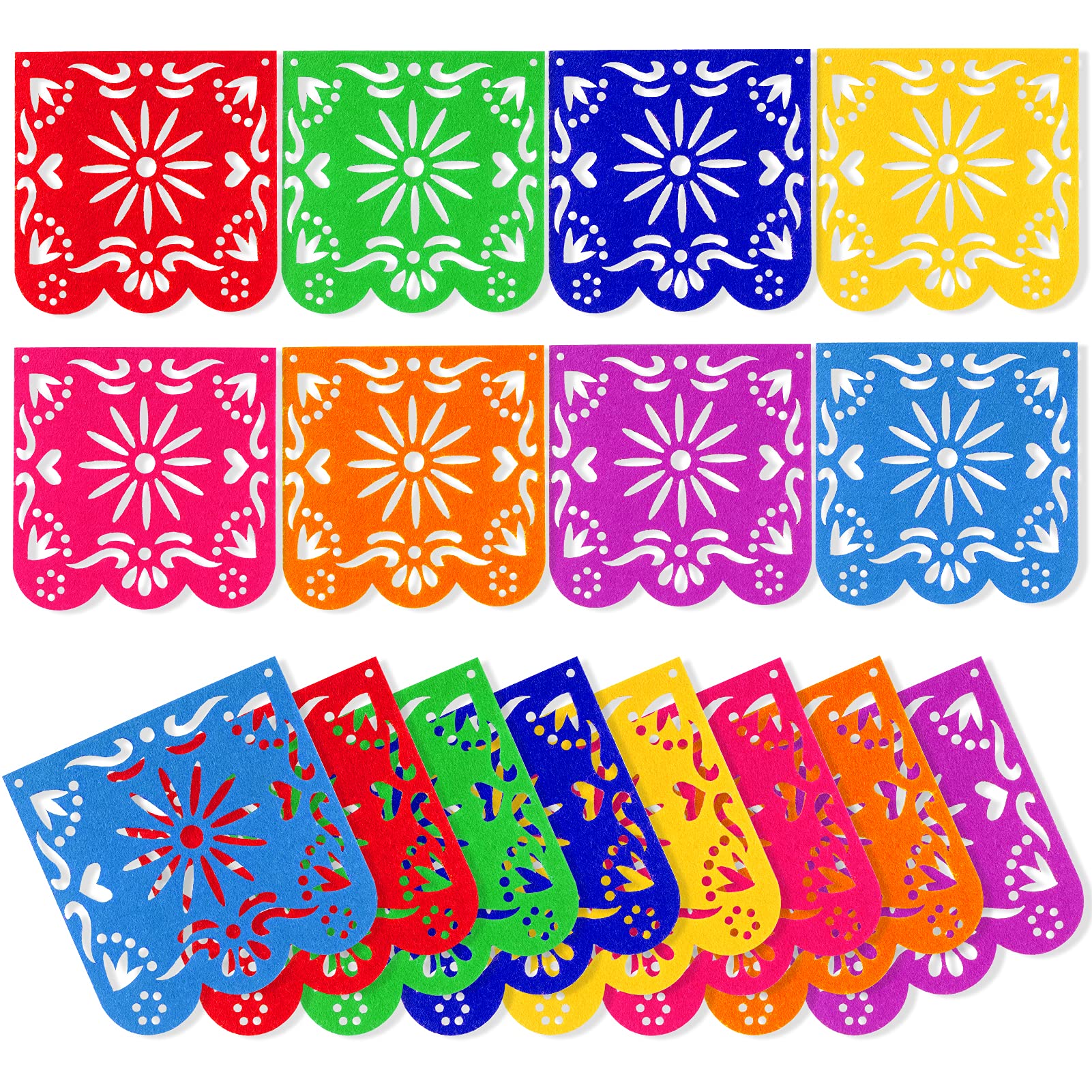 Qpout 4-Piece Colorful Mexican Papel Picado Banners - Felt, 5.1x5.1 inch, for Cinco de Mayo, Day of the Dead, Fiesta Party Decorations