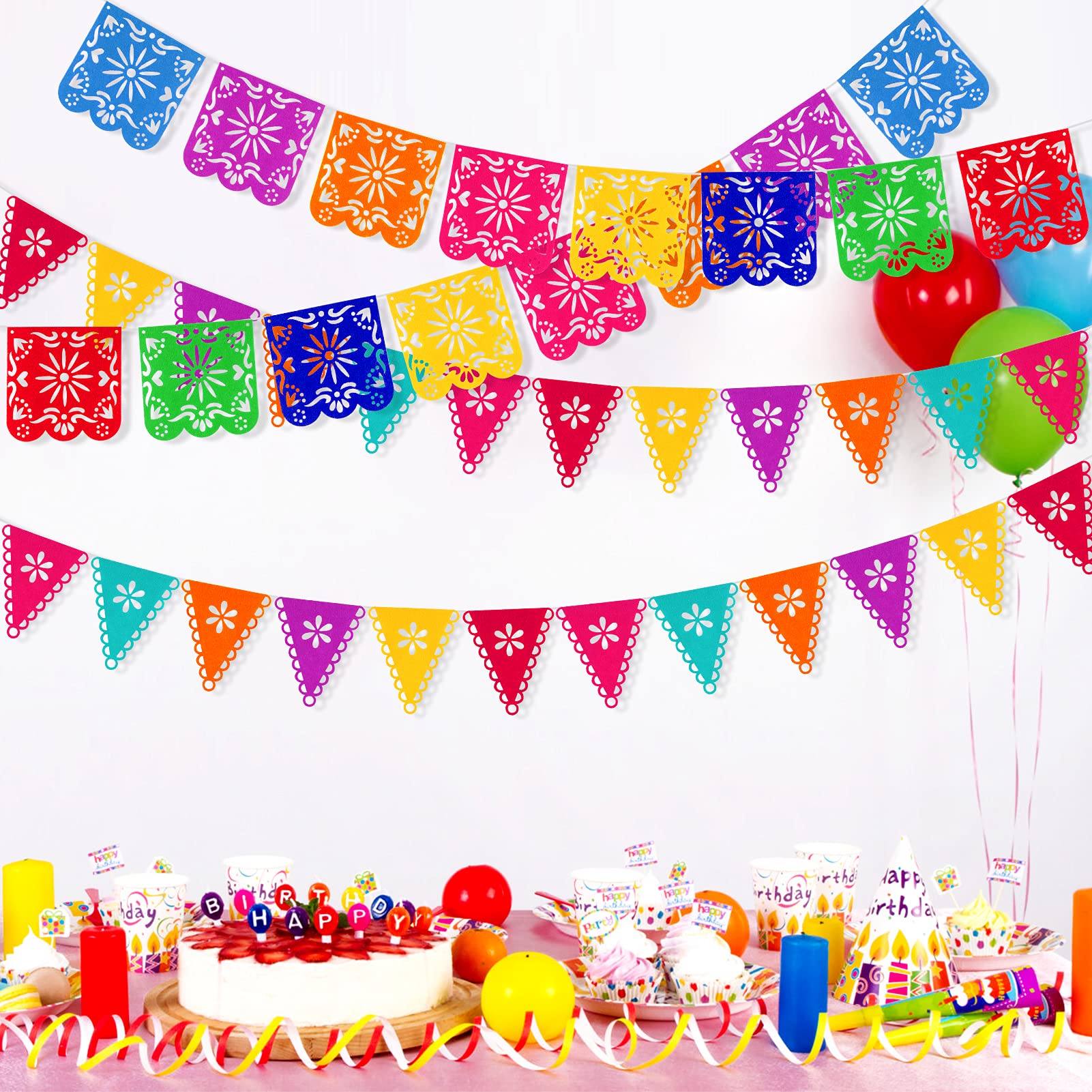 Qpout 4-Piece Colorful Mexican Papel Picado Banners - Felt, 5.1x5.1 inch, for Cinco de Mayo, Day of the Dead, Fiesta Party Decorations