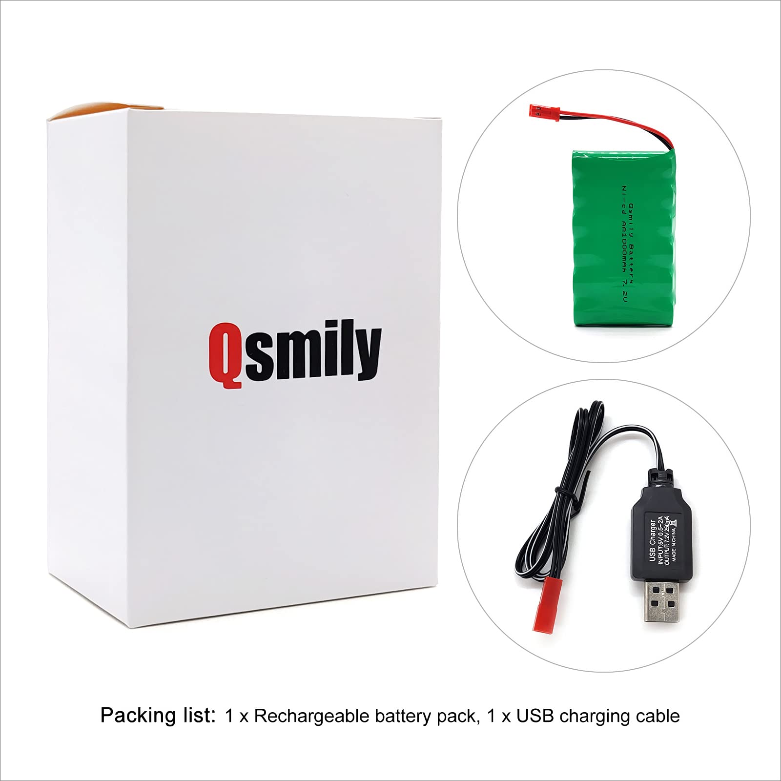 Qsmily 7.2V 1000mAh Ni-Cd Battery Pack with JST Connector and Charge Cable for RC Trucks, Excavators, and Toys