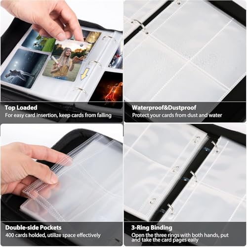Quancard 4-Pocket Trading Card Binder - Holds 400 Cards, Blue with Removable Sleeves