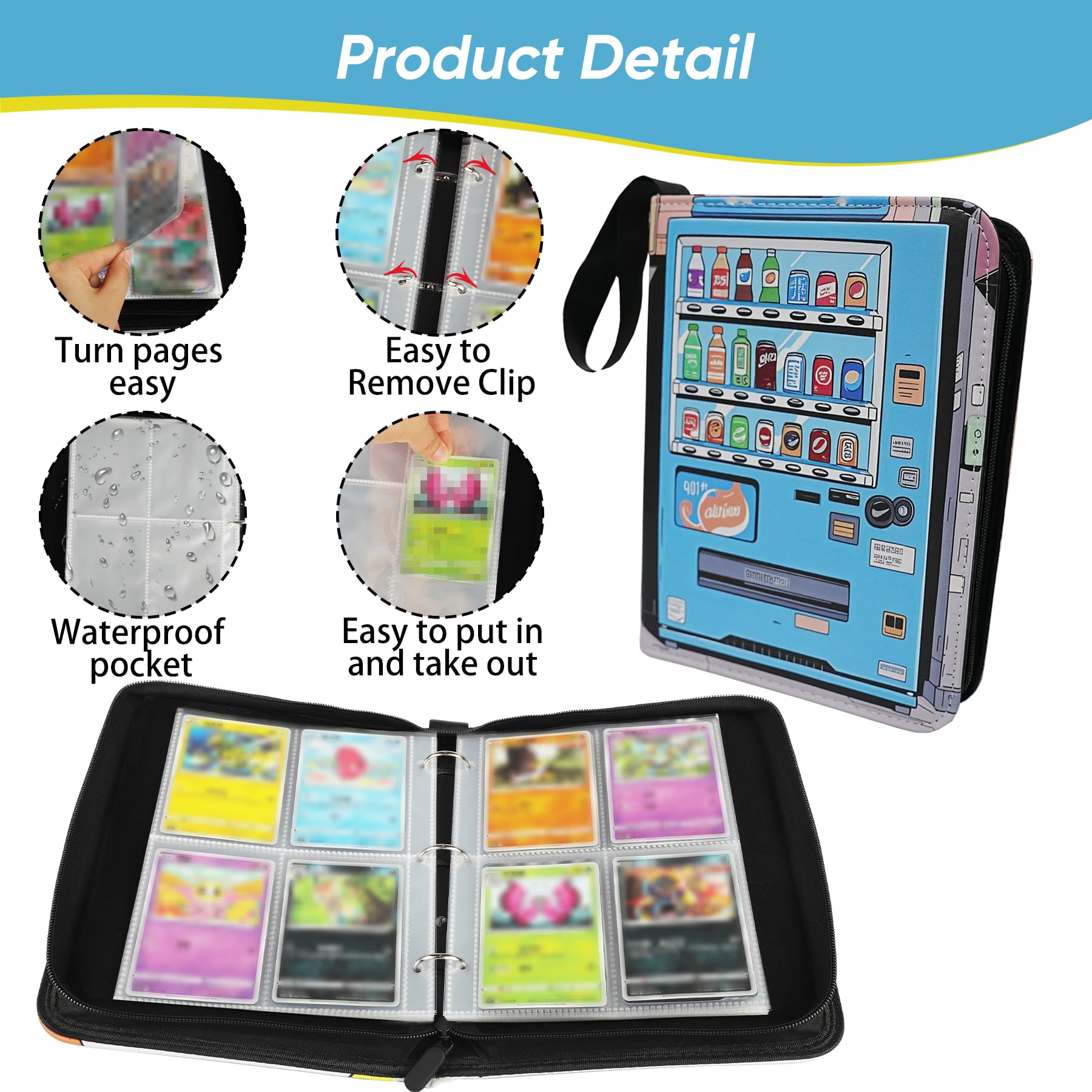 Quancard 4-Pocket Trading Card Binder - Holds 400 Cards, Blue with Removable Sleeves
