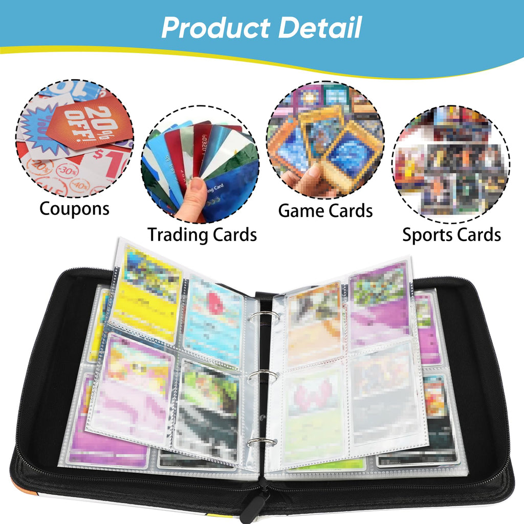 Quancard 4-Pocket Trading Card Binder - Holds 400 Cards, Blue with Removable Sleeves