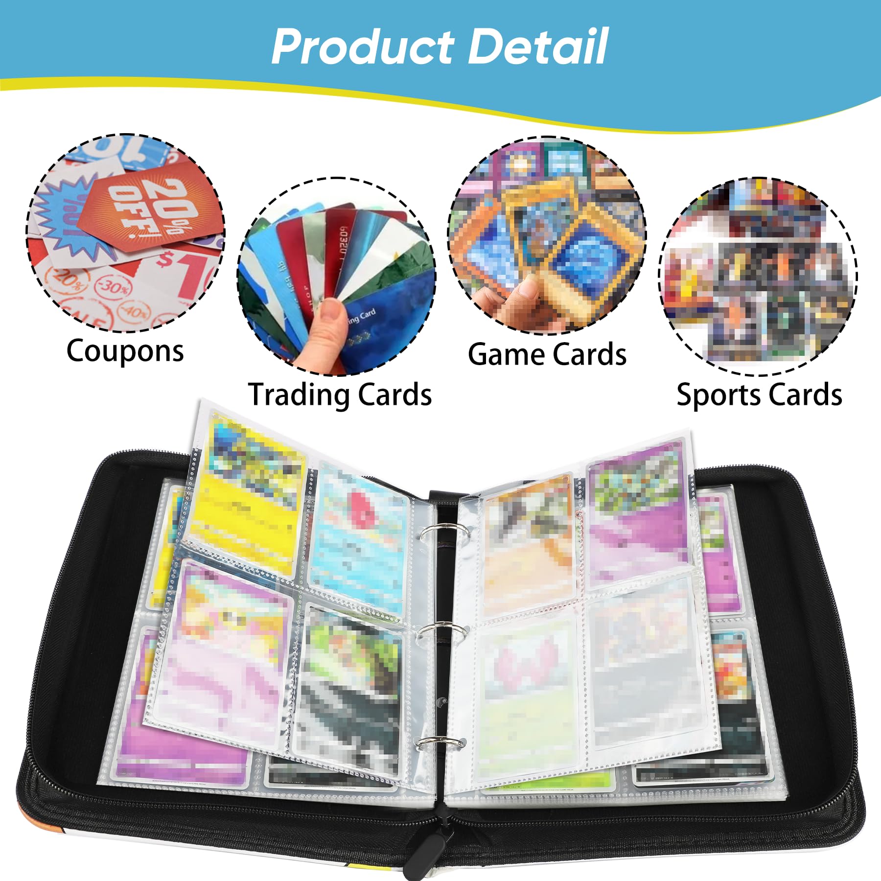 Quancard 4-Pocket Trading Card Binder - Holds 400 Cards, Blue with Removable Sleeves