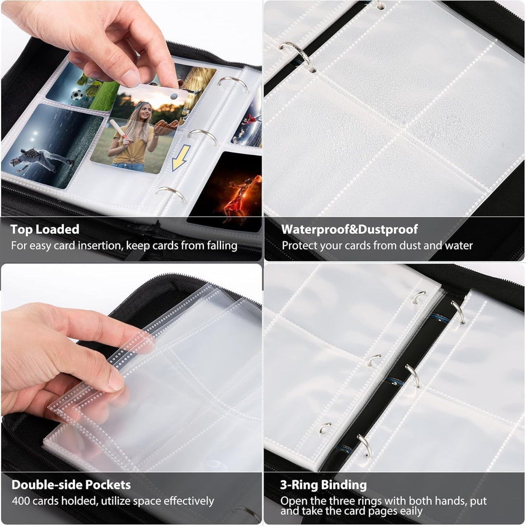 Quancard 4-Pocket Trading Card Binder - Holds 400 Cards, Blue with Removable Sleeves