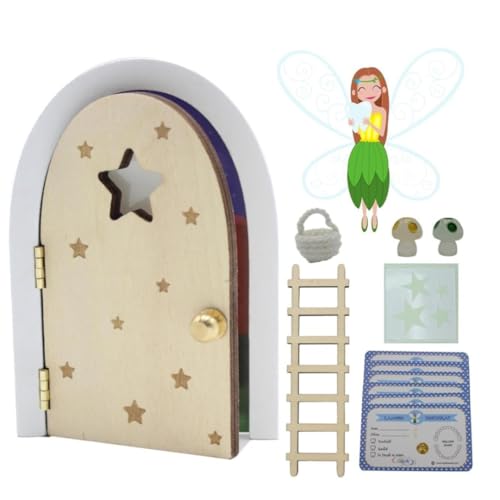 Qué Kawaii Wooden Tooth Fairy Door – Glow in the Dark, Paintable & Customizable Kit with Stairs, Crochet Bag, Stars, Mushrooms & 6 Certificates